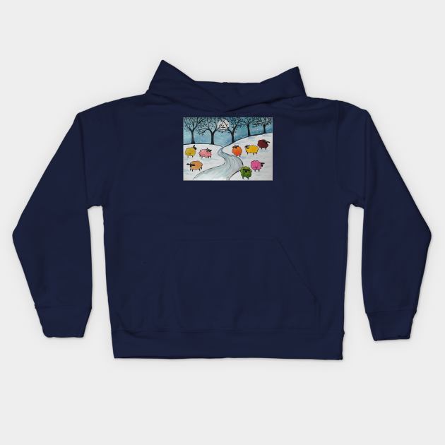 Quirky Colourful Sheep in the Snow Kids Hoodie by Casimirasquirkyart